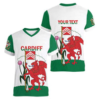 Personalised Wales Cardiff Capital Women V-Neck T-Shirt Welsh Dragon Glamorgan Flag Style - Wonder Print Shop