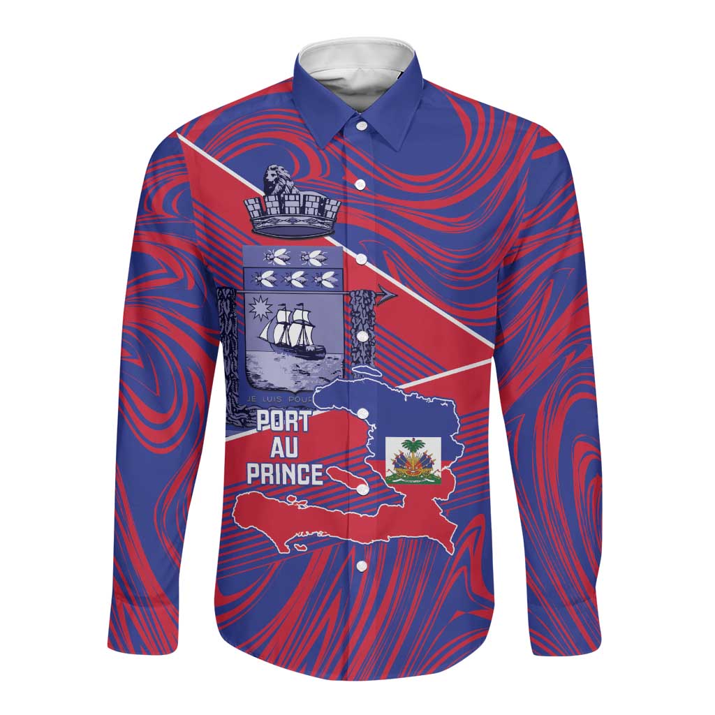 Port-au-Prince Afro-Haitians Long Sleeve Button Shirt Ayiti Map Pòtoprens Flag Color - Wonder Print Shop