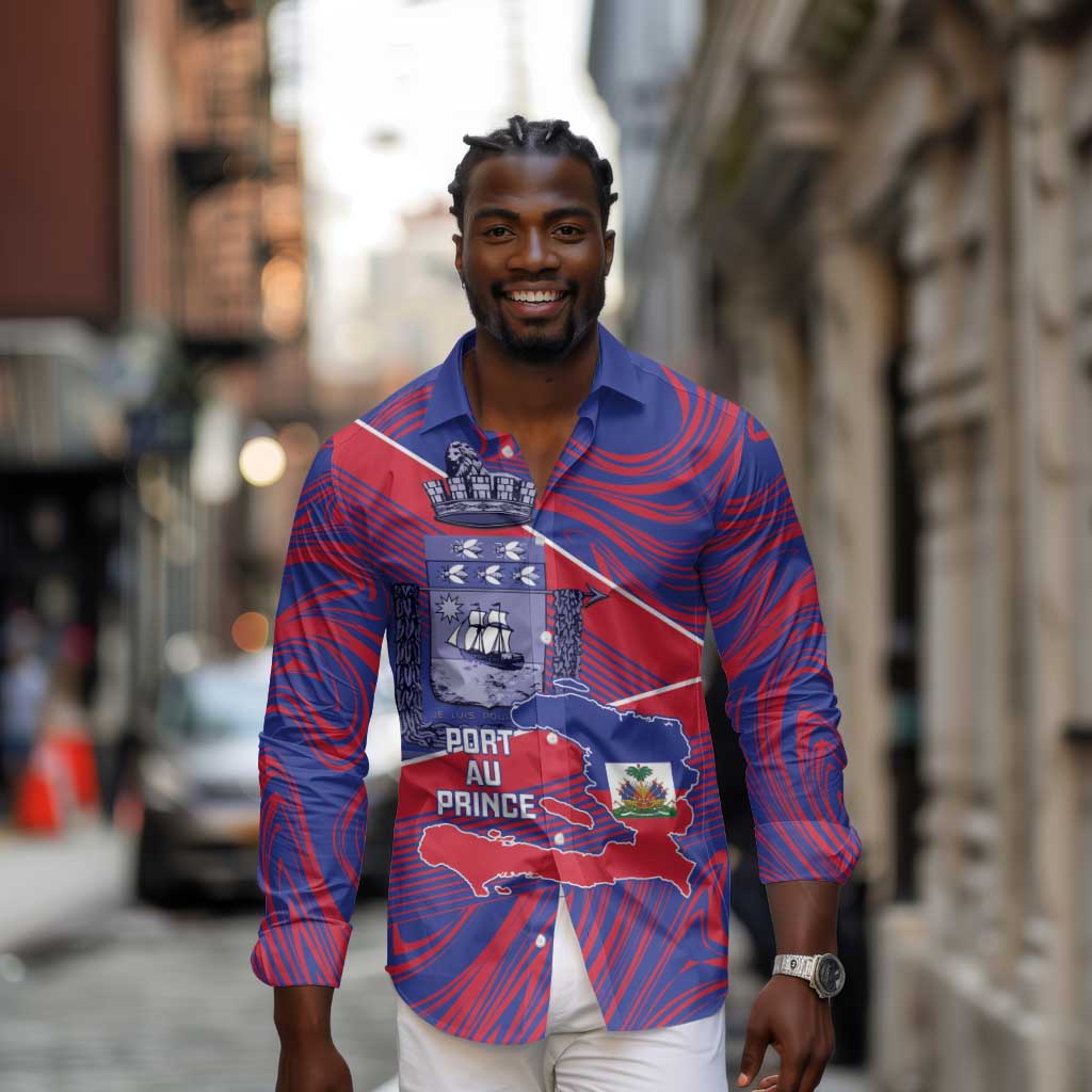 Port-au-Prince Afro-Haitians Long Sleeve Button Shirt Ayiti Map Pòtoprens Flag Color - Wonder Print Shop