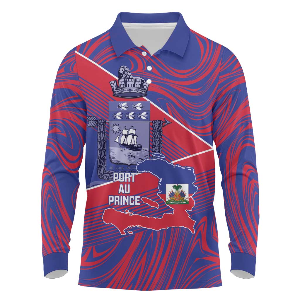 Port-au-Prince Afro-Haitians Long Sleeve Polo Shirt Ayiti Map Pòtoprens Flag Color - Wonder Print Shop