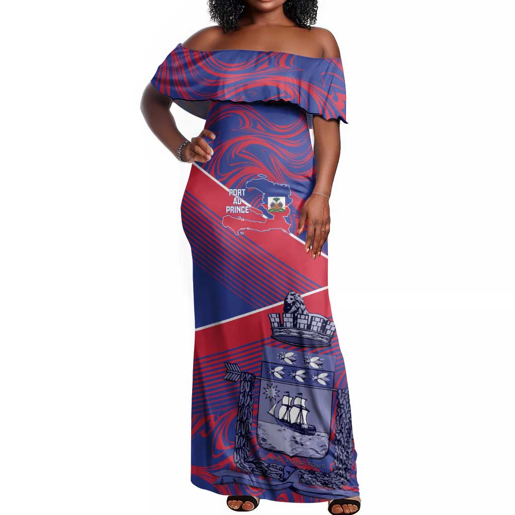 Port-au-Prince Afro-Haitians Off Shoulder Maxi Dress Ayiti Map Pòtoprens Flag Color - Wonder Print Shop