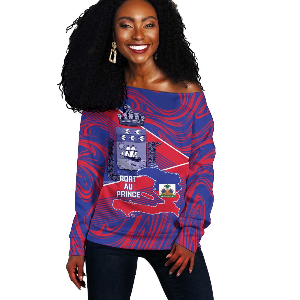 Port-au-Prince Afro-Haitians Off Shoulder Sweater Ayiti Map Pòtoprens Flag Color - Wonder Print Shop