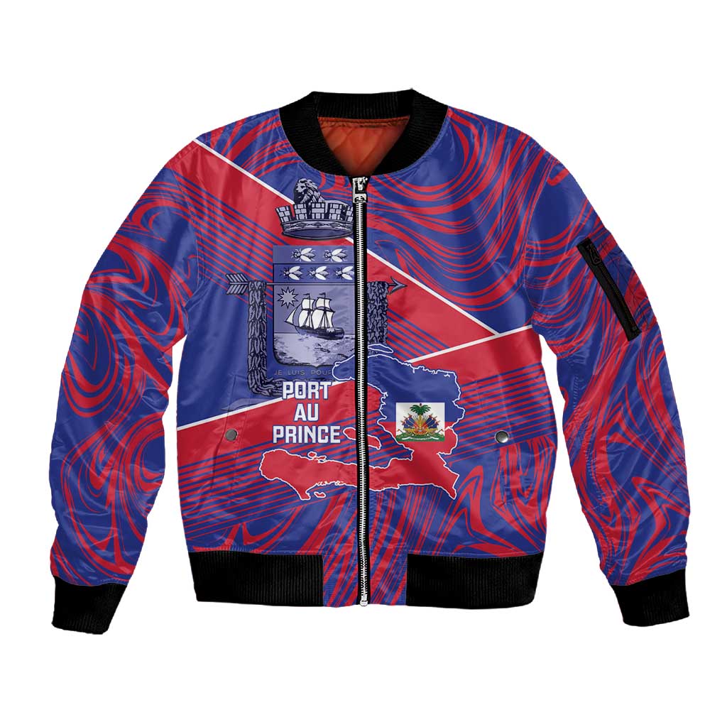 Port-au-Prince Afro-Haitians Sleeve Zip Bomber Jacket Ayiti Map Pòtoprens Flag Color - Wonder Print Shop