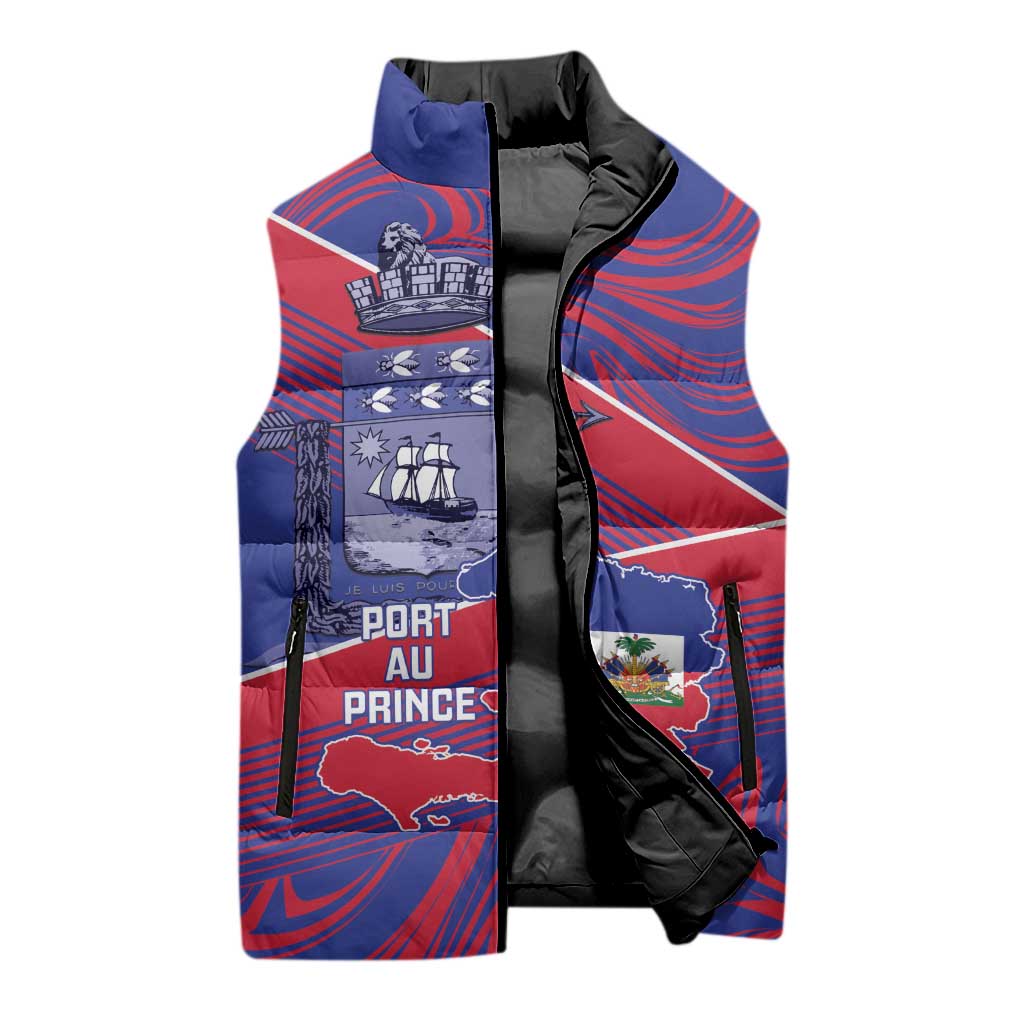 Port-au-Prince Afro-Haitians Sleeveless Puffer Jacket Ayiti Map Pòtoprens Flag Color - Wonder Print Shop