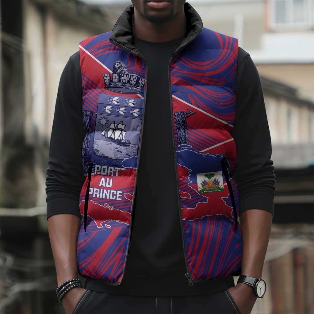 Port-au-Prince Afro-Haitians Sleeveless Puffer Jacket Ayiti Map Pòtoprens Flag Color - Wonder Print Shop