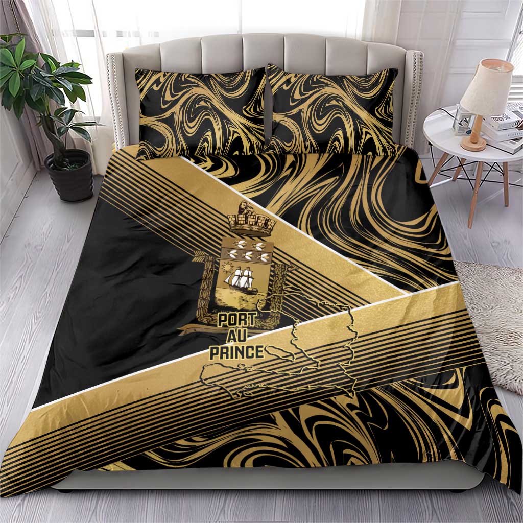 Port-au-Prince Afro-Haitians Bedding Set Ayiti Map Pòtoprens Gold Color - Wonder Print Shop
