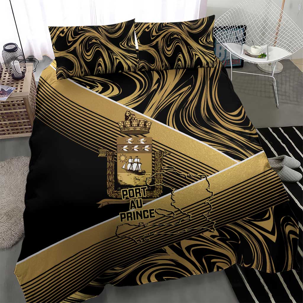 Port-au-Prince Afro-Haitians Bedding Set Ayiti Map Pòtoprens Gold Color - Wonder Print Shop