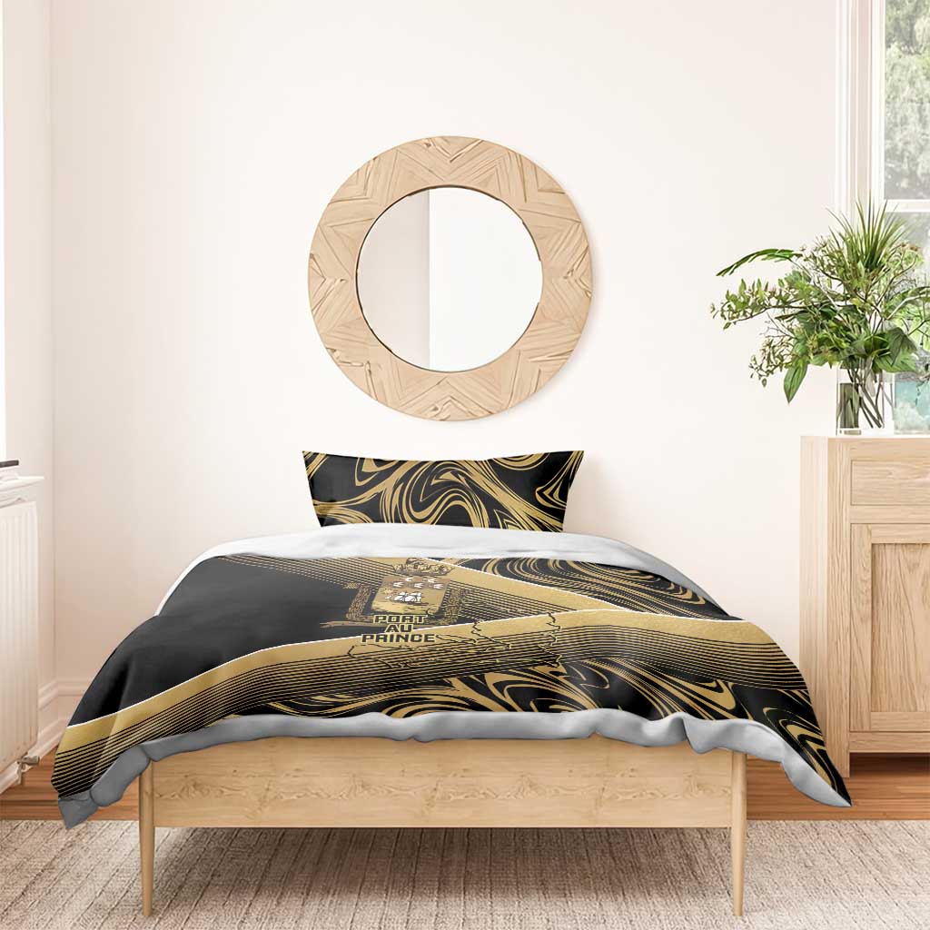 Port-au-Prince Afro-Haitians Bedding Set Ayiti Map Pòtoprens Gold Color - Wonder Print Shop