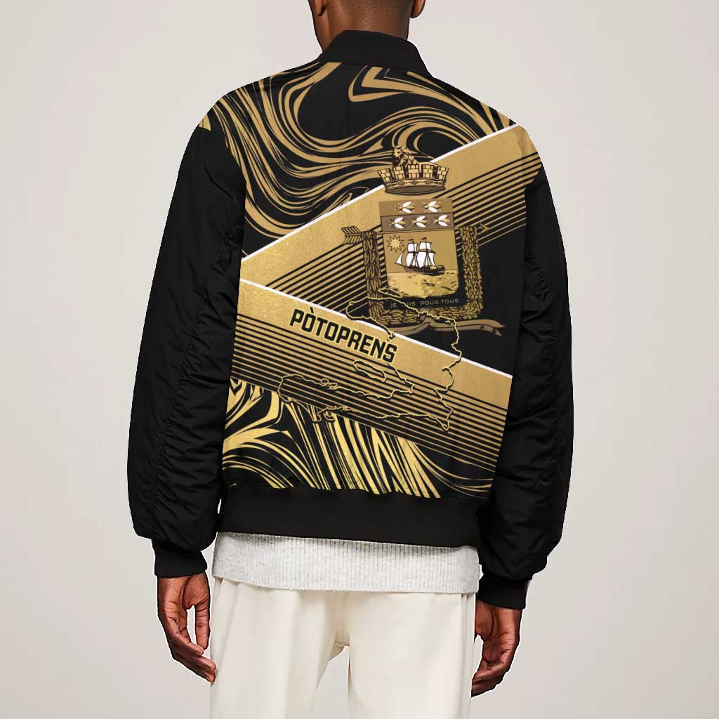 Port-au-Prince Afro-Haitians Bomber Jacket Ayiti Map Pòtoprens Gold Color - Wonder Print Shop
