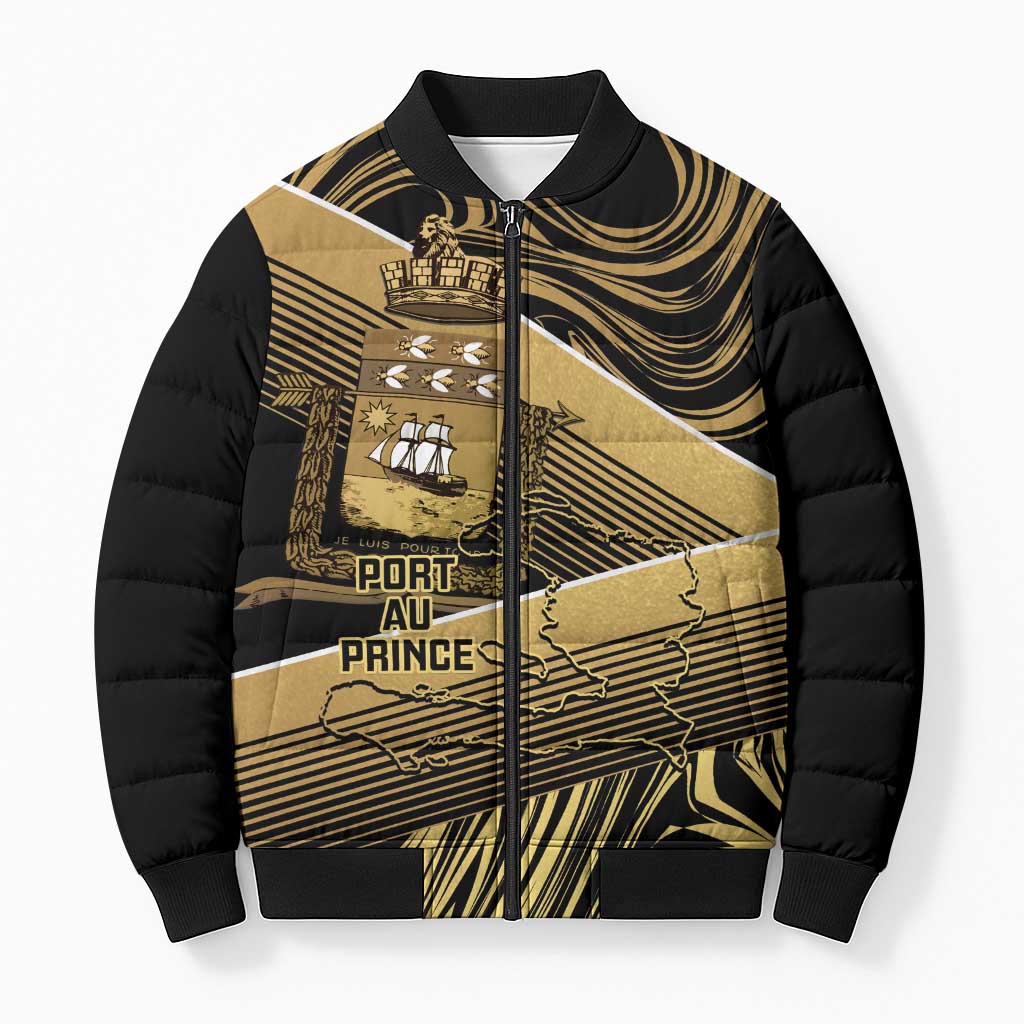 Port-au-Prince Afro-Haitians Bomber Puffer Jacket Ayiti Map Pòtoprens Gold Color - Wonder Print Shop