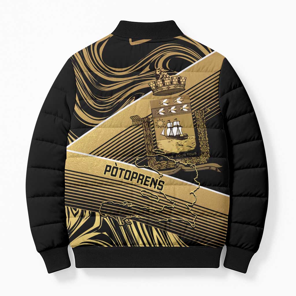Port-au-Prince Afro-Haitians Bomber Puffer Jacket Ayiti Map Pòtoprens Gold Color - Wonder Print Shop