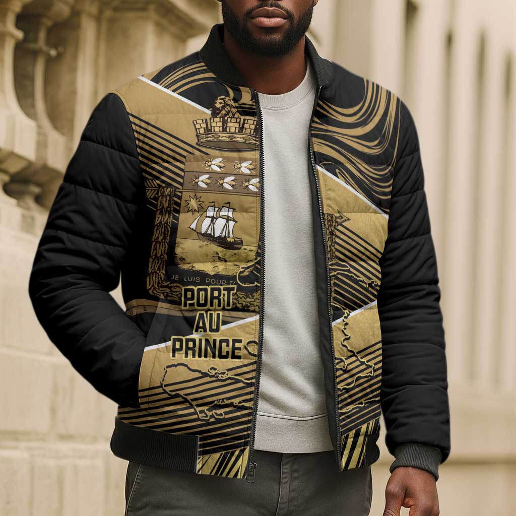 Port-au-Prince Afro-Haitians Bomber Puffer Jacket Ayiti Map Pòtoprens Gold Color - Wonder Print Shop