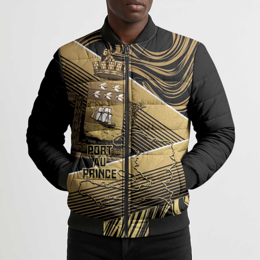 Port-au-Prince Afro-Haitians Bomber Puffer Jacket Ayiti Map Pòtoprens Gold Color - Wonder Print Shop