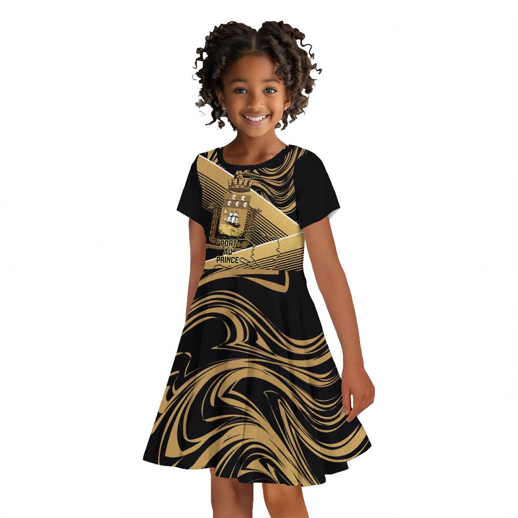 Port-au-Prince Afro-Haitians Kid Short Sleeve Dress Ayiti Map Pòtoprens Gold Color LT14
