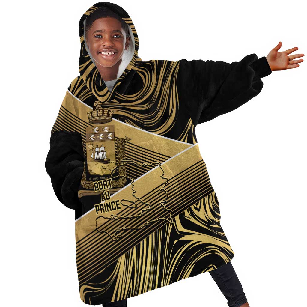Port-au-Prince Afro-Haitians Kid Wearable Blanket Hoodie Ayiti Map Pòtoprens Gold Color - Wonder Print Shop