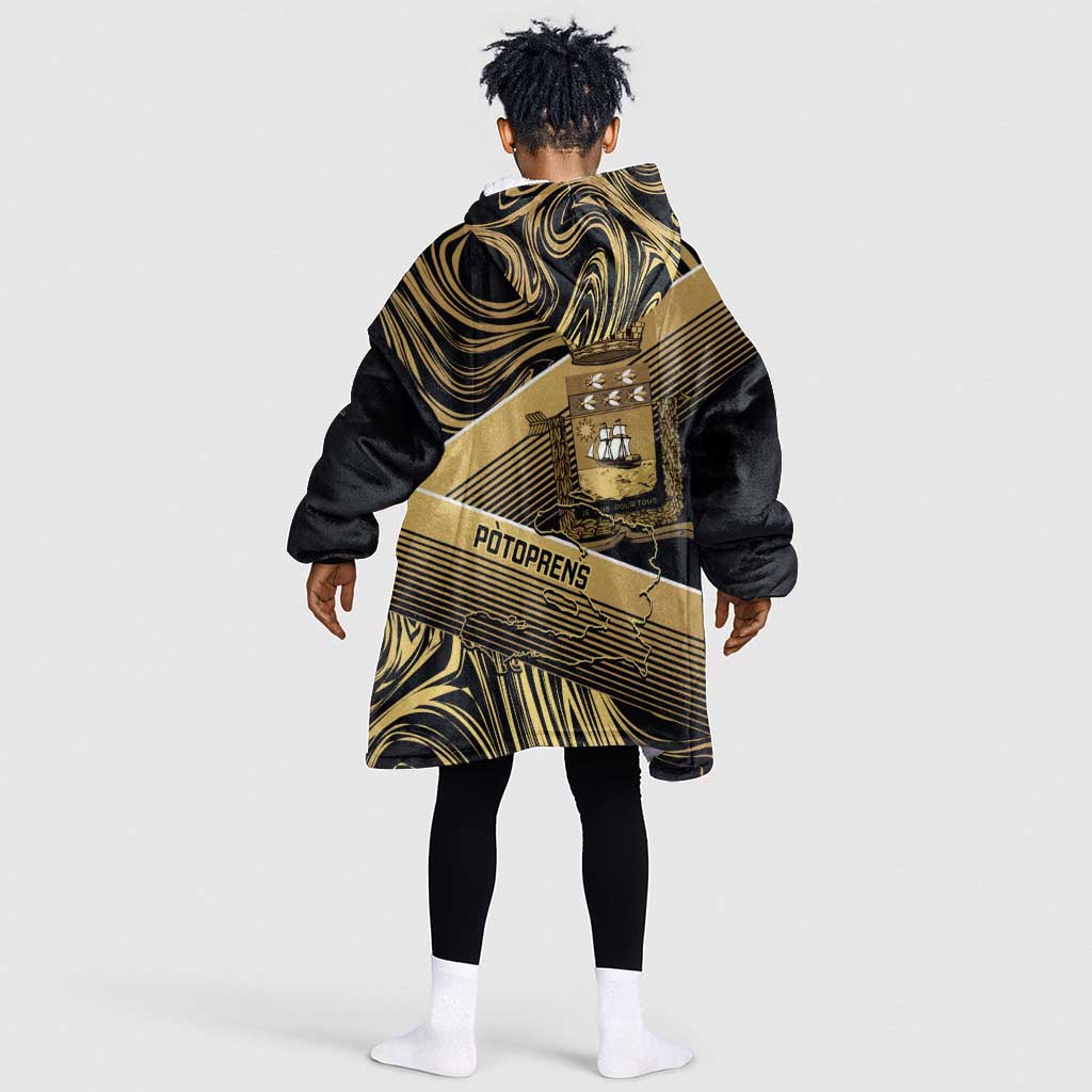Port-au-Prince Afro-Haitians Kid Wearable Blanket Hoodie Ayiti Map Pòtoprens Gold Color - Wonder Print Shop