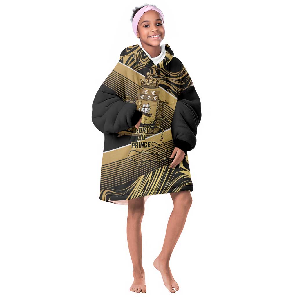Port-au-Prince Afro-Haitians Kid Wearable Blanket Hoodie Ayiti Map Pòtoprens Gold Color - Wonder Print Shop