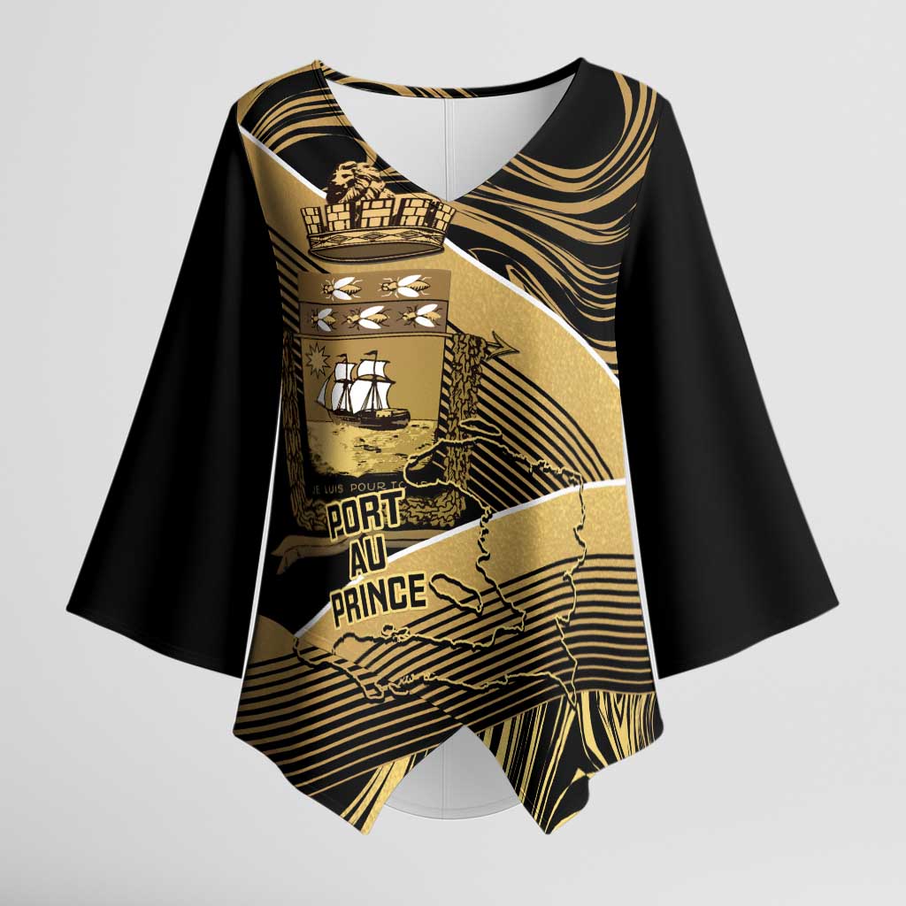 Port-au-Prince Afro-Haitians Kimono Sleeve Blouse Ayiti Map Pòtoprens Gold Color - Wonder Print Shop