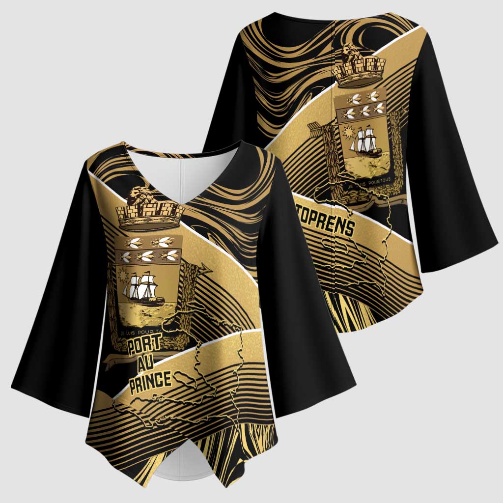 Port-au-Prince Afro-Haitians Kimono Sleeve Blouse Ayiti Map Pòtoprens Gold Color - Wonder Print Shop