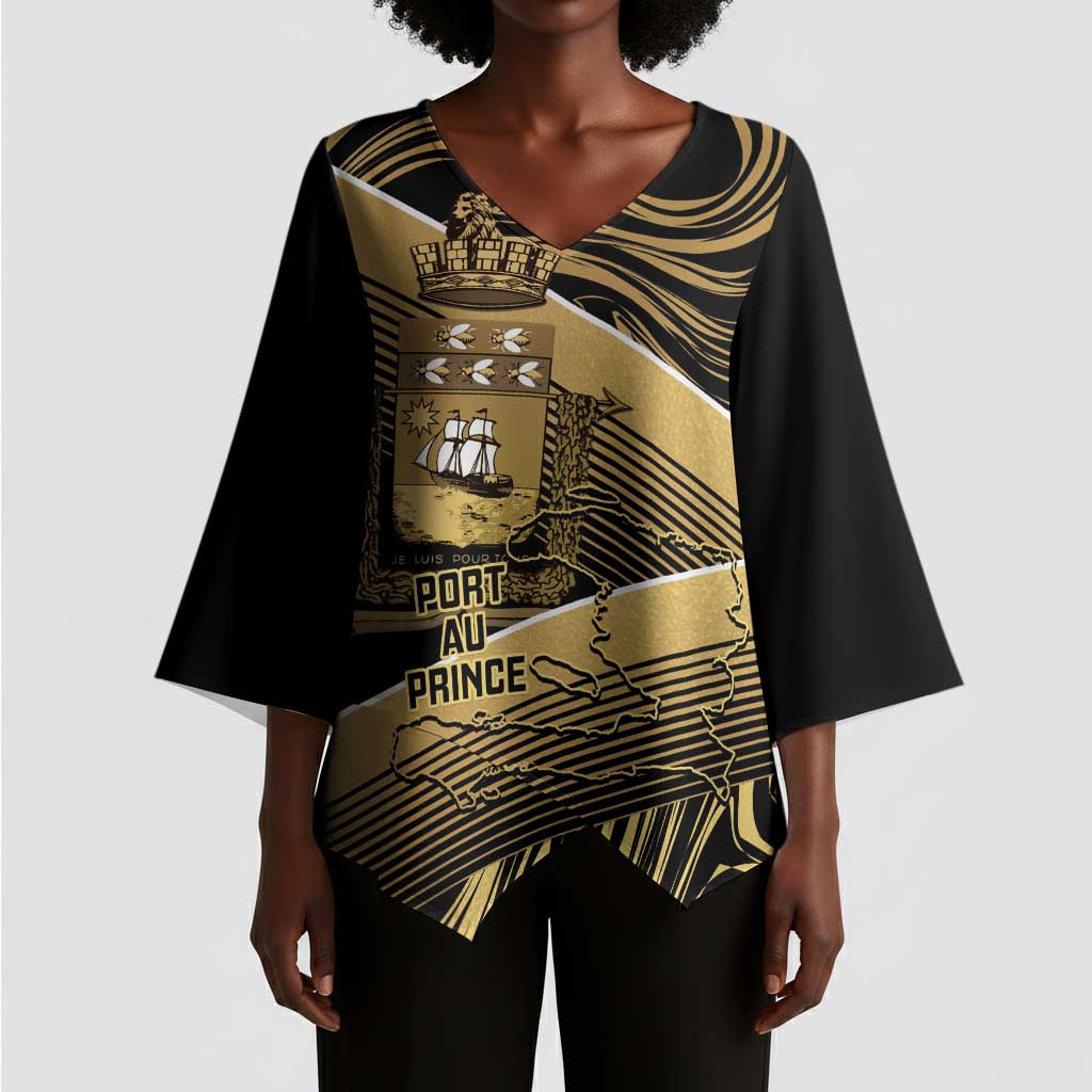 Port-au-Prince Afro-Haitians Kimono Sleeve Blouse Ayiti Map Pòtoprens Gold Color - Wonder Print Shop