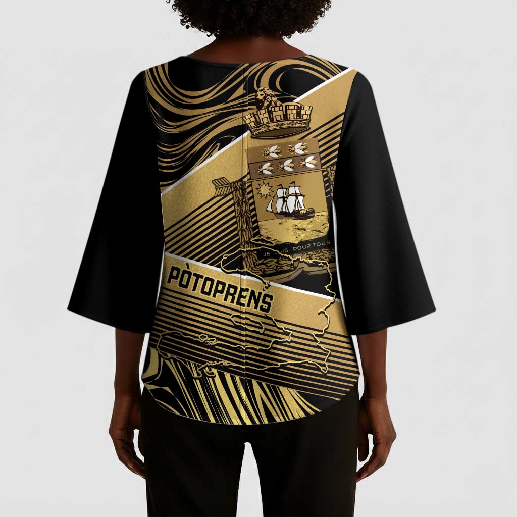 Port-au-Prince Afro-Haitians Kimono Sleeve Blouse Ayiti Map Pòtoprens Gold Color - Wonder Print Shop
