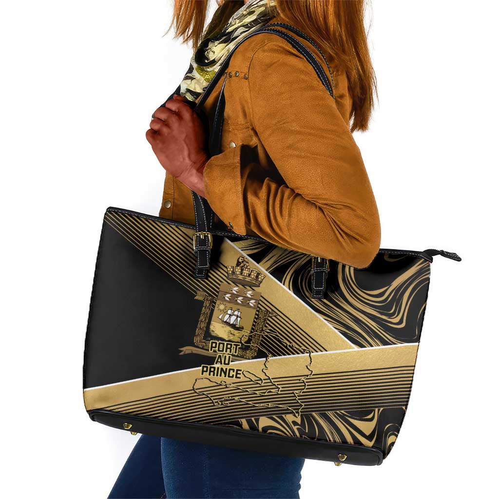 Port-au-Prince Afro-Haitians Leather Tote Bag Ayiti Map Pòtoprens Gold Color - Wonder Print Shop