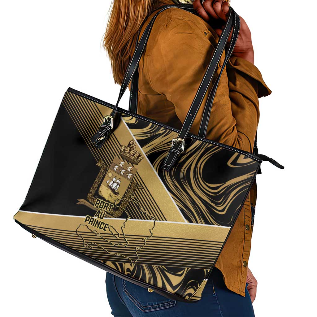 Port-au-Prince Afro-Haitians Leather Tote Bag Ayiti Map Pòtoprens Gold Color - Wonder Print Shop