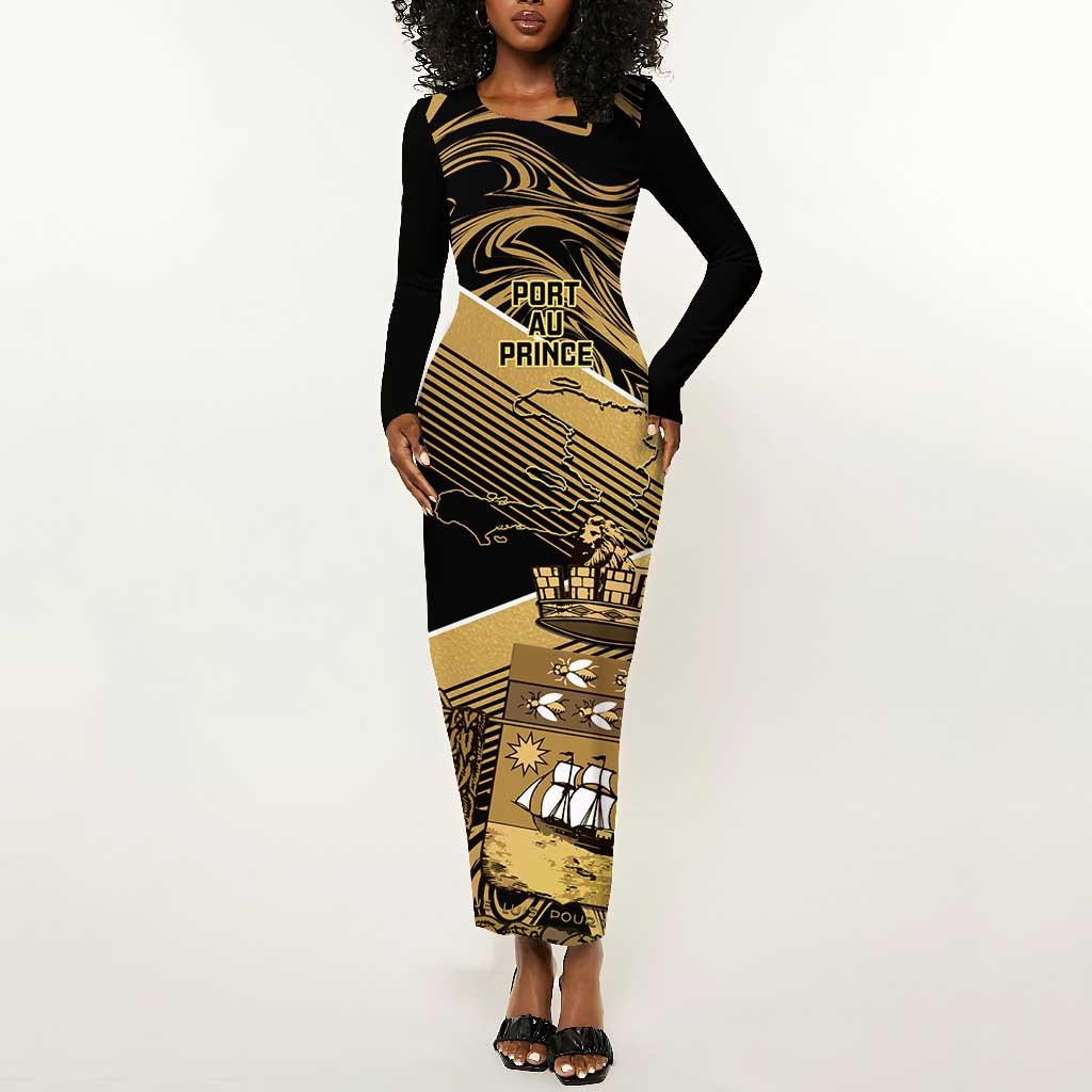 Port-au-Prince Afro-Haitians Long Sleeve Bodycon Dress Ayiti Map Pòtoprens Gold Color - Wonder Print Shop
