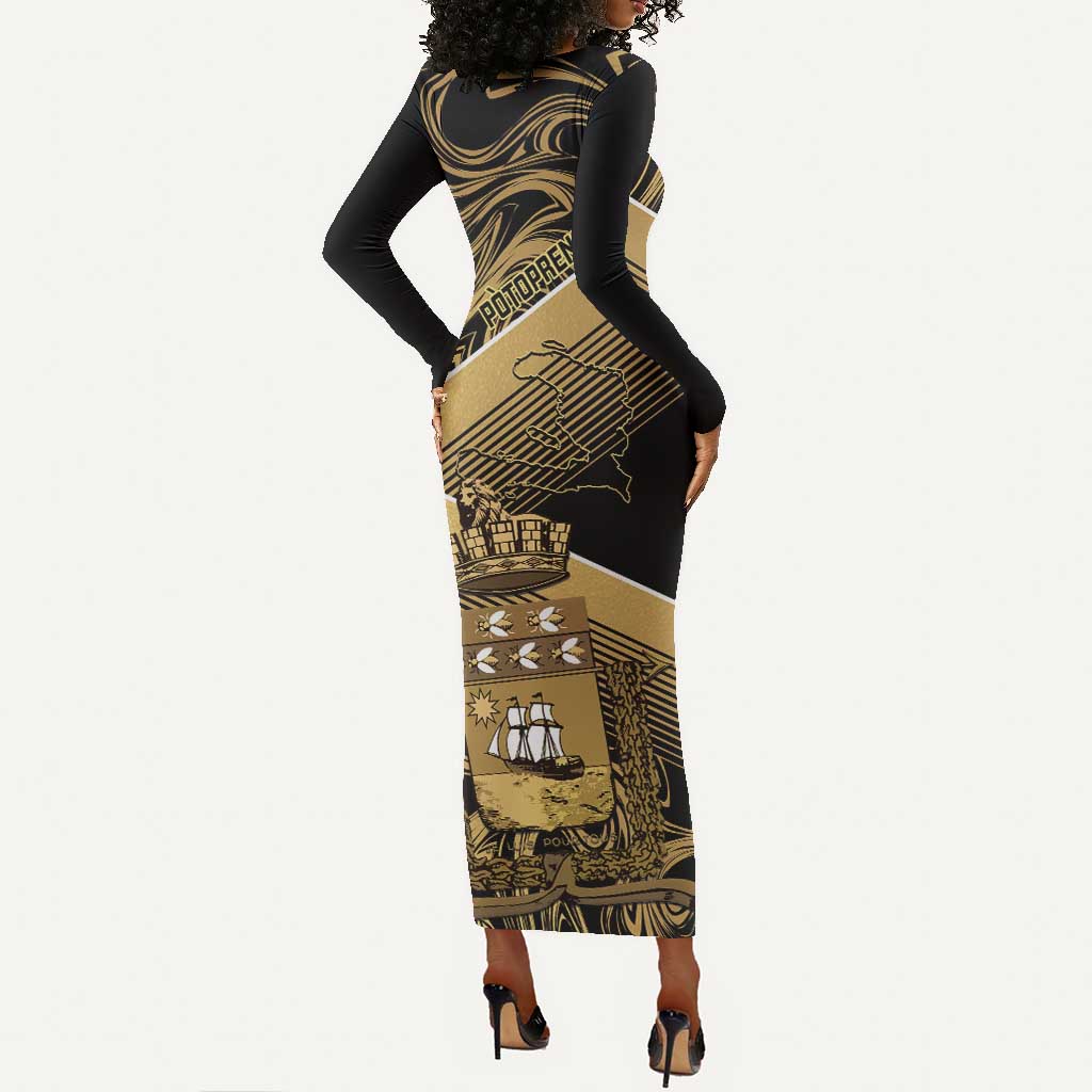 Port-au-Prince Afro-Haitians Long Sleeve Bodycon Dress Ayiti Map Pòtoprens Gold Color - Wonder Print Shop