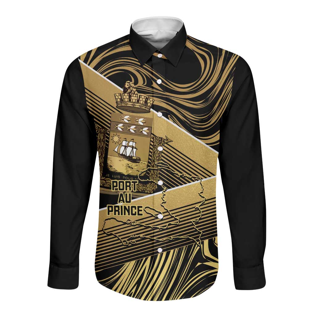 Port-au-Prince Afro-Haitians Long Sleeve Button Shirt Ayiti Map Pòtoprens Gold Color - Wonder Print Shop