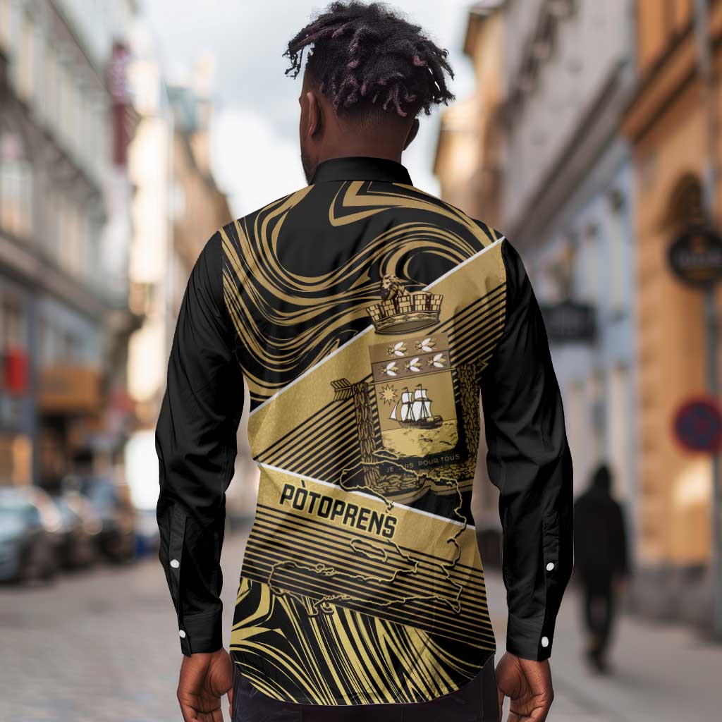 Port-au-Prince Afro-Haitians Long Sleeve Button Shirt Ayiti Map Pòtoprens Gold Color - Wonder Print Shop