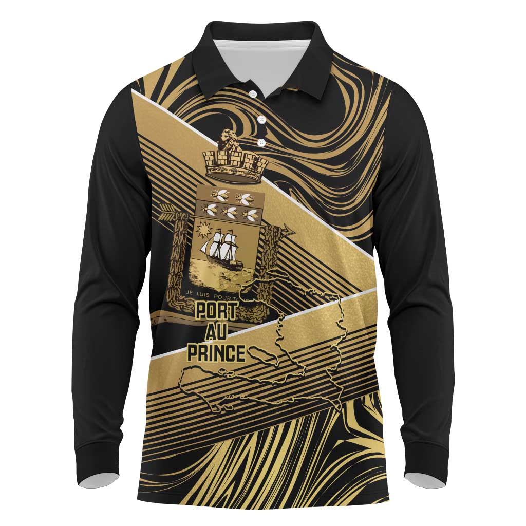Port-au-Prince Afro-Haitians Long Sleeve Polo Shirt Ayiti Map Pòtoprens Gold Color - Wonder Print Shop