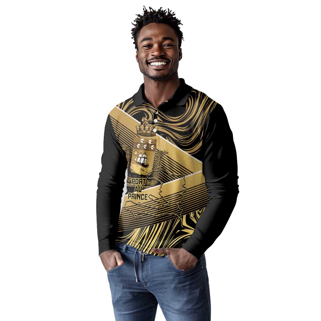 Port-au-Prince Afro-Haitians Long Sleeve Polo Shirt Ayiti Map Pòtoprens Gold Color - Wonder Print Shop
