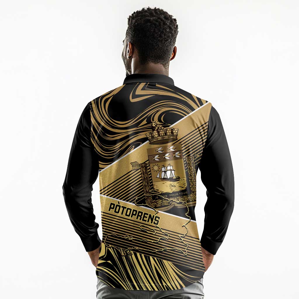 Port-au-Prince Afro-Haitians Long Sleeve Polo Shirt Ayiti Map Pòtoprens Gold Color - Wonder Print Shop
