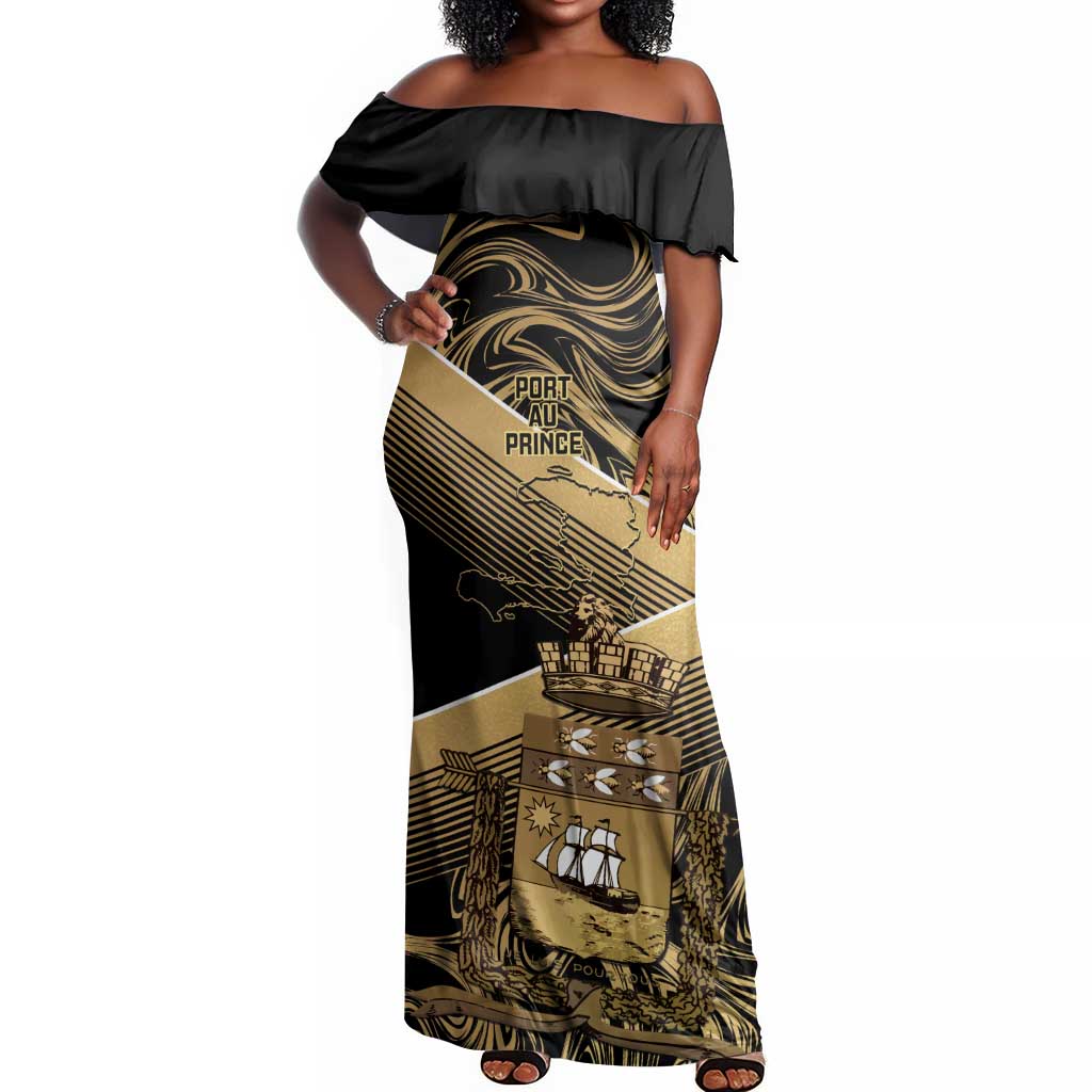 Port-au-Prince Afro-Haitians Off Shoulder Maxi Dress Ayiti Map Pòtoprens Gold Color - Wonder Print Shop