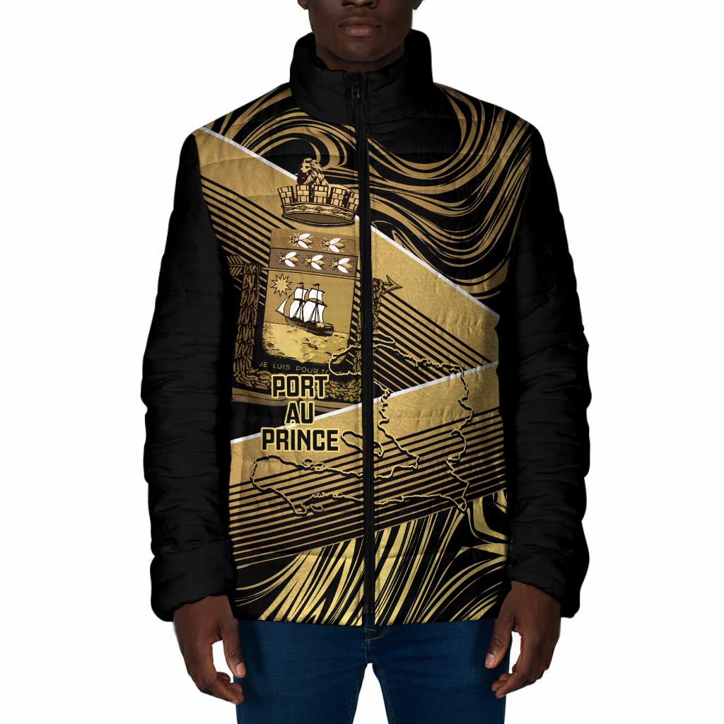 Port-au-Prince Afro-Haitians Padded Jacket Ayiti Map Pòtoprens Gold Color - Wonder Print Shop