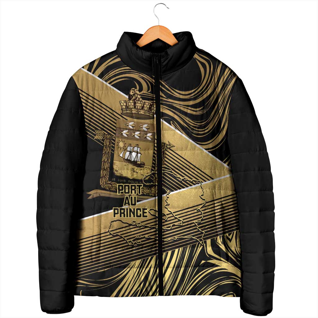 Port-au-Prince Afro-Haitians Padded Jacket Ayiti Map Pòtoprens Gold Color - Wonder Print Shop