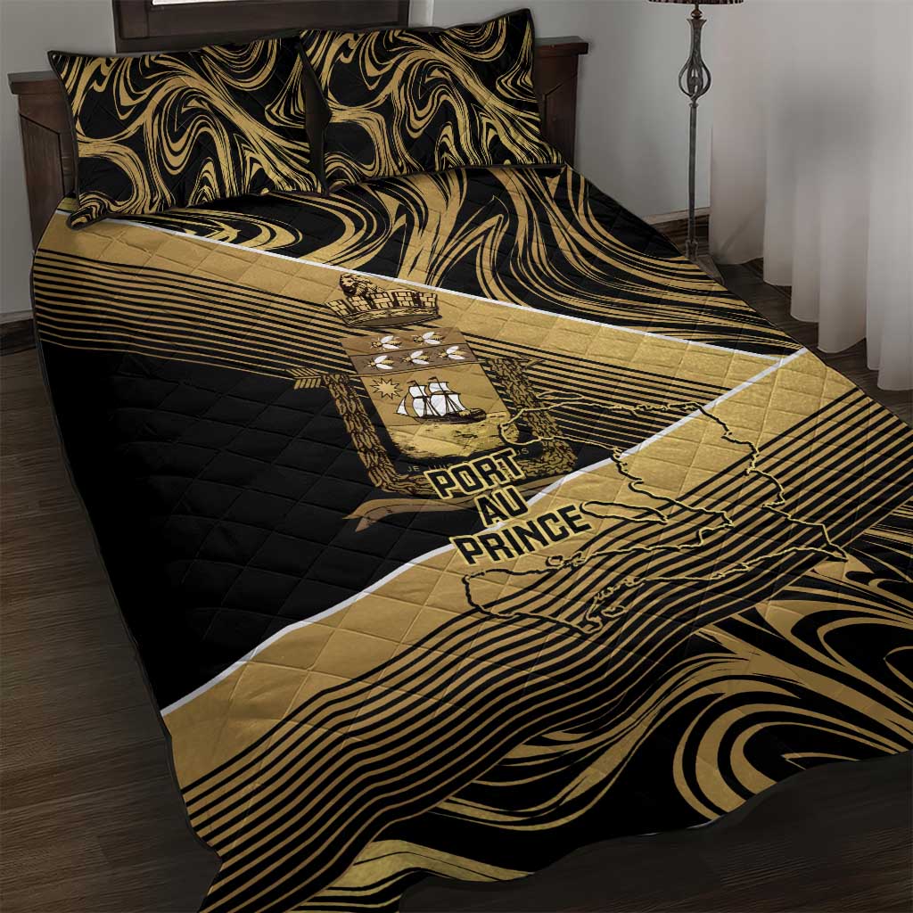 Port-au-Prince Afro-Haitians Quilt Bed Set Ayiti Map Pòtoprens Gold Color - Wonder Print Shop