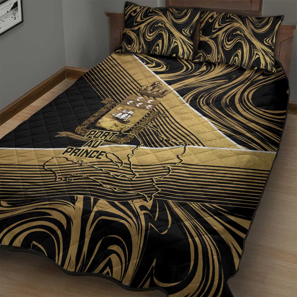 Port-au-Prince Afro-Haitians Quilt Bed Set Ayiti Map Pòtoprens Gold Color - Wonder Print Shop