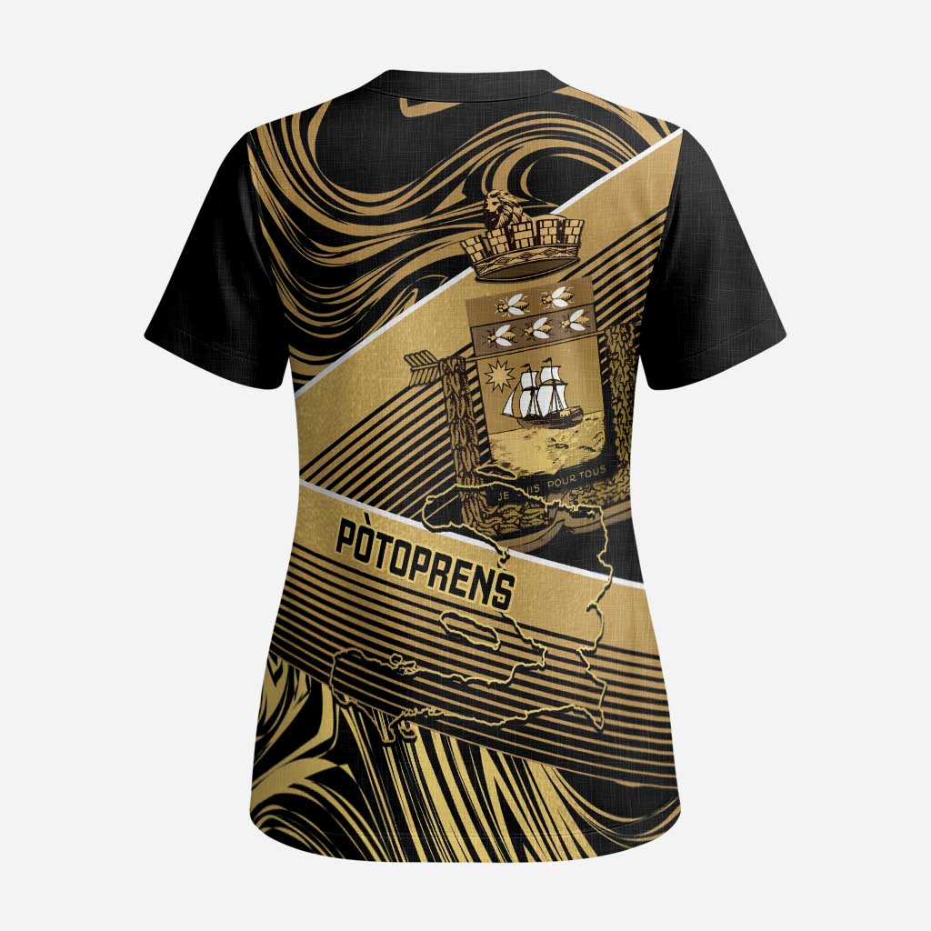 Port-au-Prince Afro-Haitians Scrub Top Ayiti Map Pòtoprens Gold Color - Wonder Print Shop