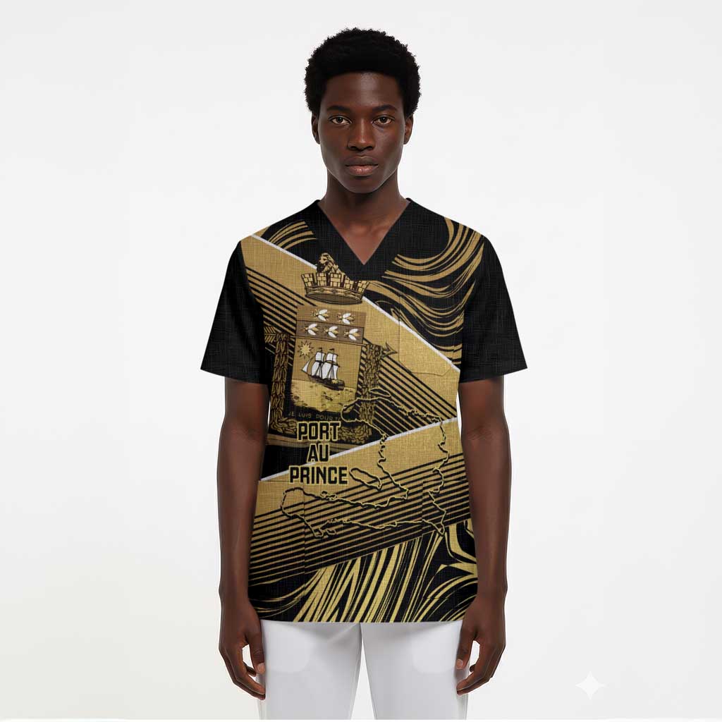 Port-au-Prince Afro-Haitians Scrub Top Ayiti Map Pòtoprens Gold Color - Wonder Print Shop