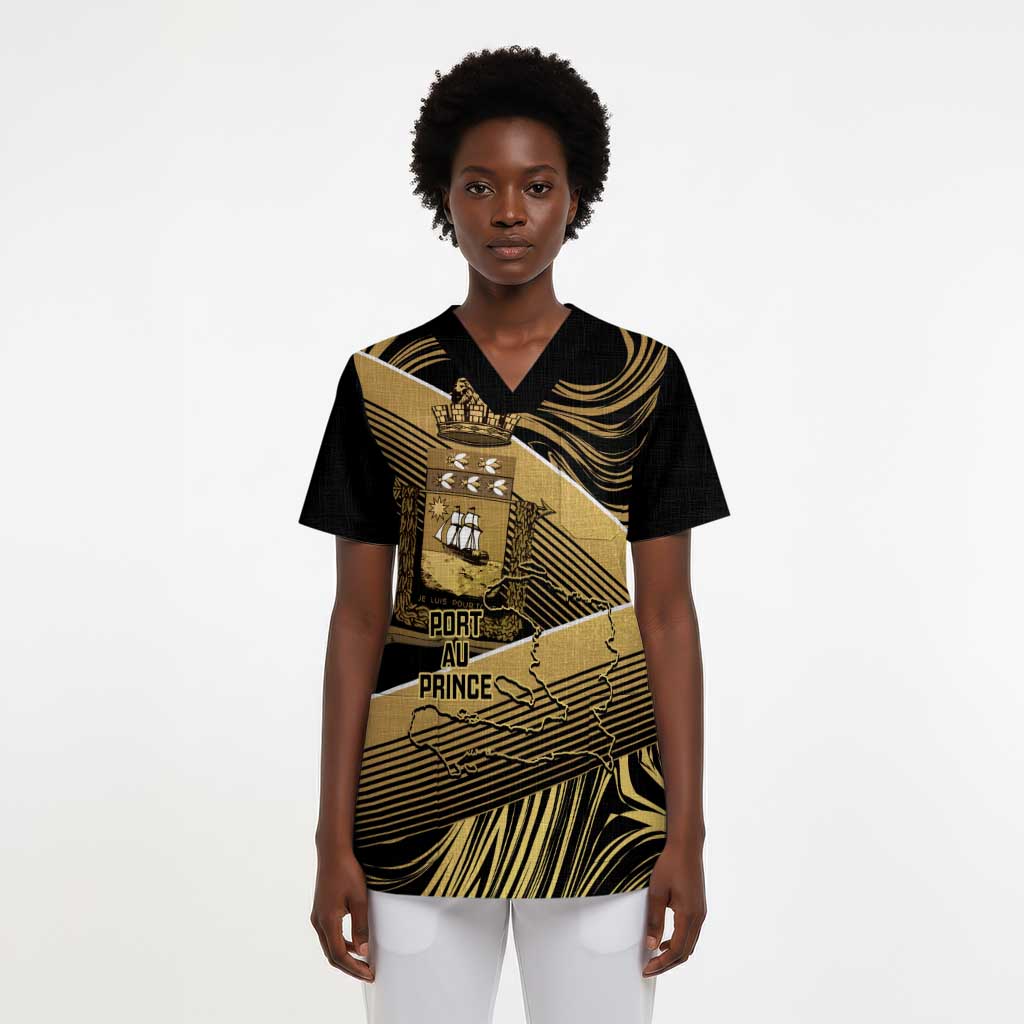 Port-au-Prince Afro-Haitians Scrub Top Ayiti Map Pòtoprens Gold Color - Wonder Print Shop