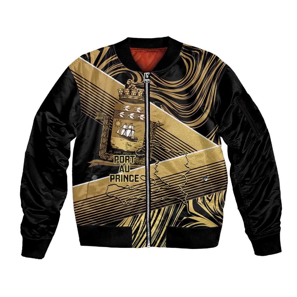 Port-au-Prince Afro-Haitians Sleeve Zip Bomber Jacket Ayiti Map Pòtoprens Gold Color - Wonder Print Shop