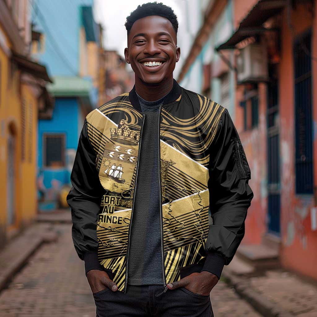 Port-au-Prince Afro-Haitians Sleeve Zip Bomber Jacket Ayiti Map Pòtoprens Gold Color - Wonder Print Shop