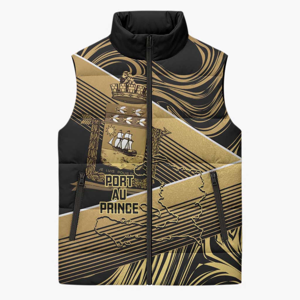 Port-au-Prince Afro-Haitians Sleeveless Puffer Jacket Ayiti Map Pòtoprens Gold Color - Wonder Print Shop