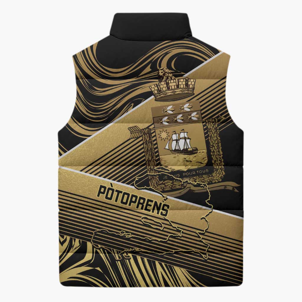 Port-au-Prince Afro-Haitians Sleeveless Puffer Jacket Ayiti Map Pòtoprens Gold Color - Wonder Print Shop