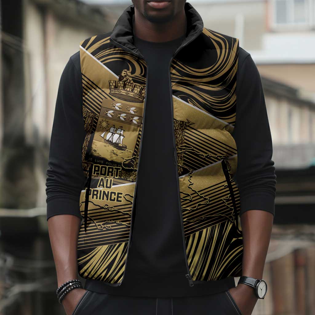 Port-au-Prince Afro-Haitians Sleeveless Puffer Jacket Ayiti Map Pòtoprens Gold Color - Wonder Print Shop