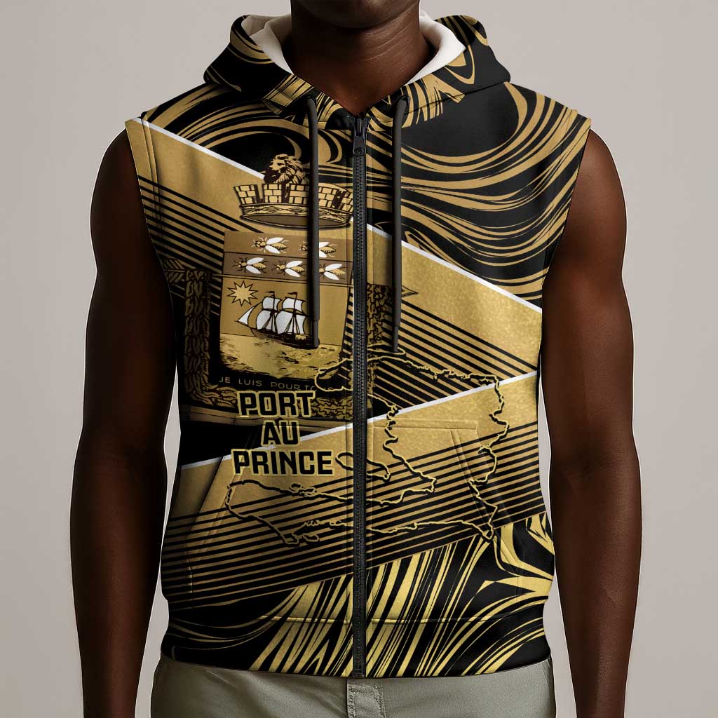 Port-au-Prince Afro-Haitians Sleeveless Zip Hoodie Ayiti Map Pòtoprens Gold Color - Wonder Print Shop