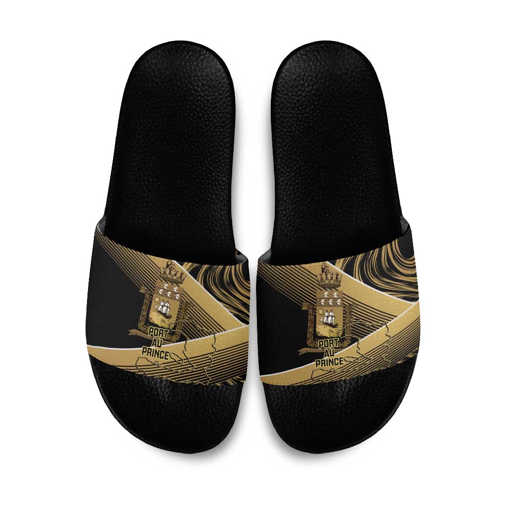 Port-au-Prince Afro-Haitians Slide Sandals Ayiti Map Pòtoprens Gold Color - Wonder Print Shop