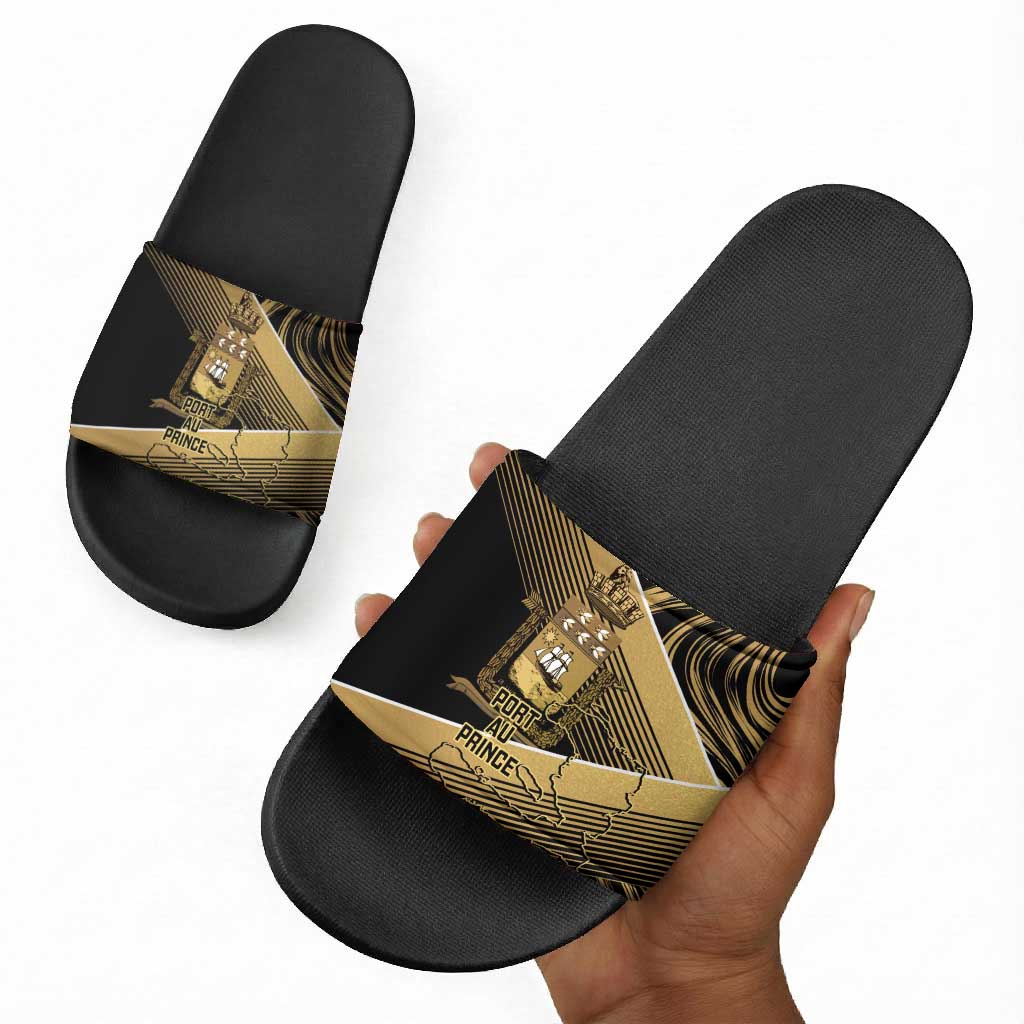 Port-au-Prince Afro-Haitians Slide Sandals Ayiti Map Pòtoprens Gold Color - Wonder Print Shop